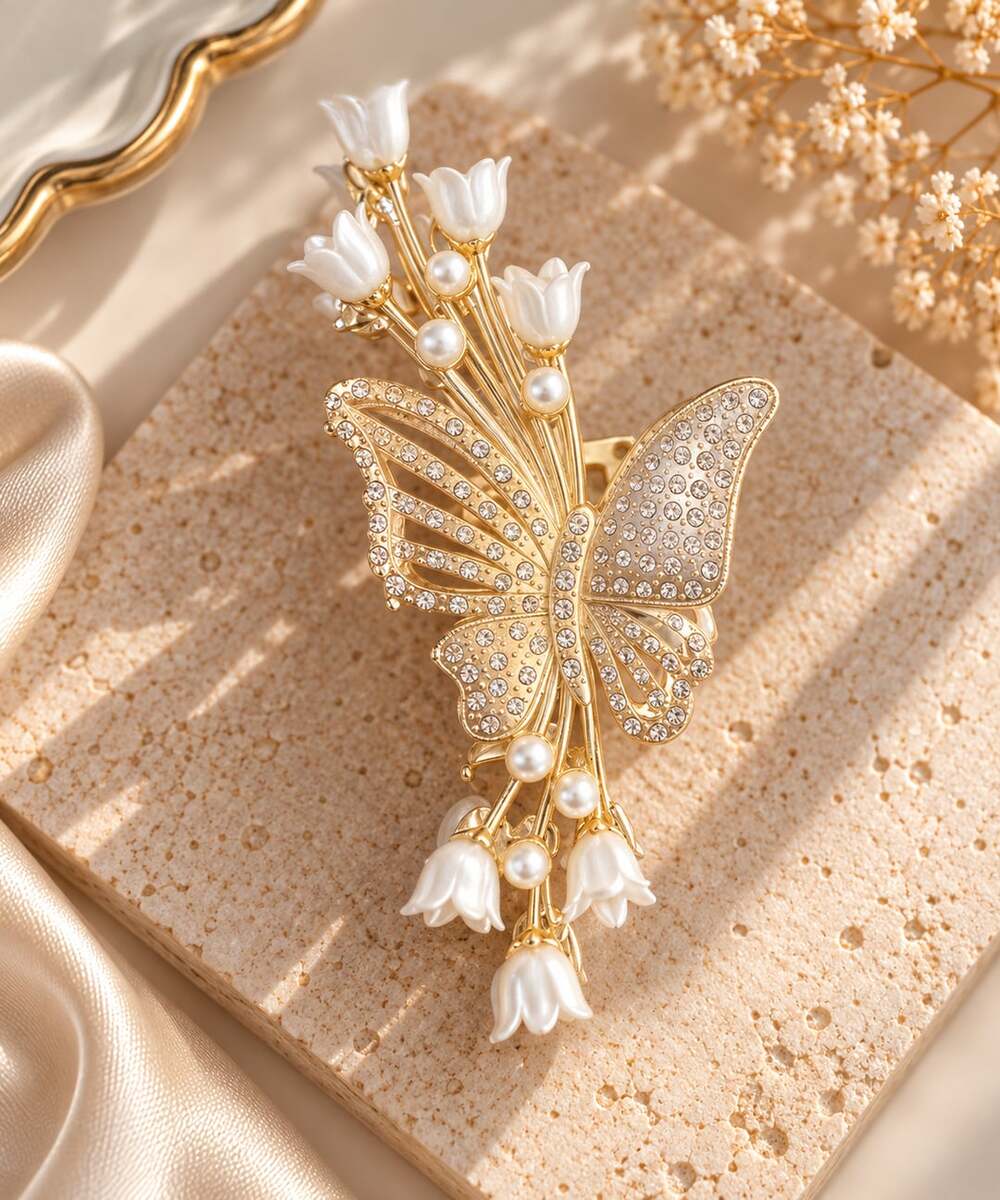 Romantic Whimsical Gold Butterfly Floral Claw Clip Pearl Rhinestone